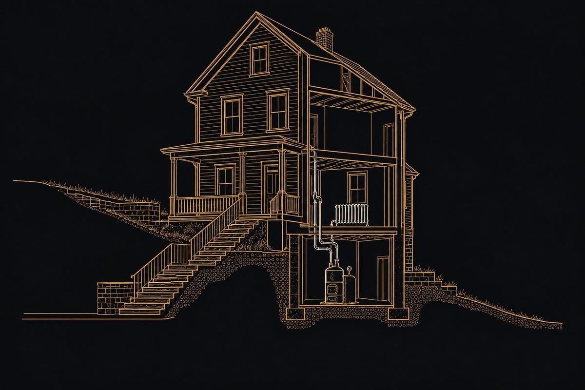 Line illustration of an older two-and-a-half-story house on a hillside with a steep front stairway and a cutaway showing a radiator and a basement boiler.