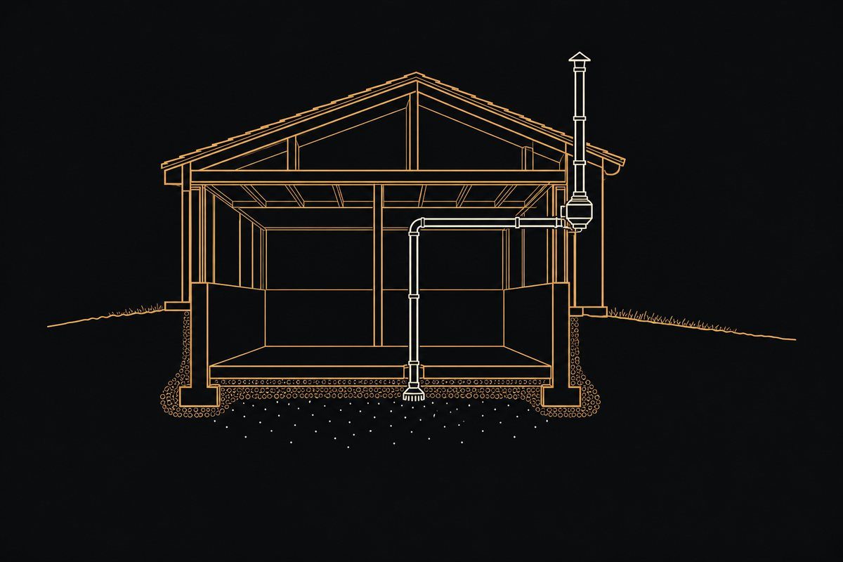 Line illustration of a radon mitigation system: a pipe draws air from beneath the basement slab and a fan vents it above the roof.