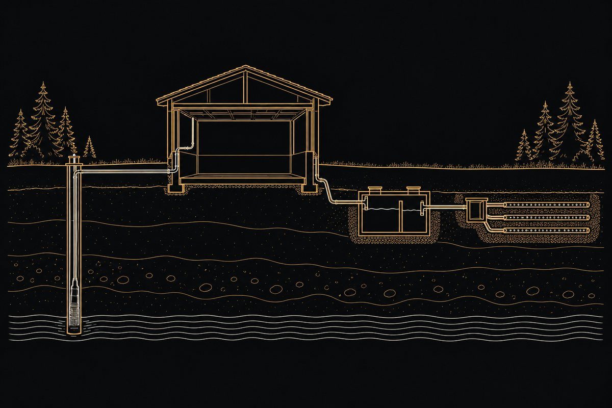Line illustration of a rural lot cross-section with a private well on one side and a septic tank and drainfield on the other.