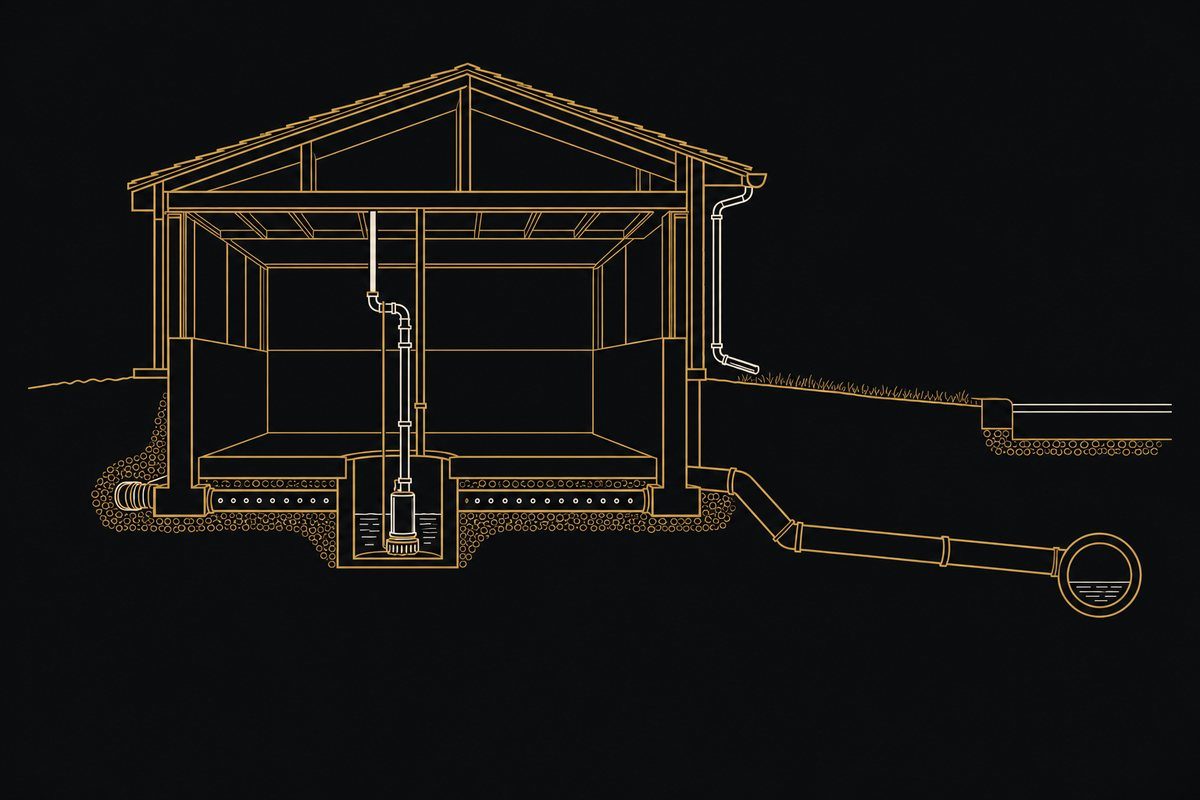 Line illustration of a house cross-section showing a basement sump pump, footing drain tile, a downspout draining onto the lawn, and the sewer line running to the street main.