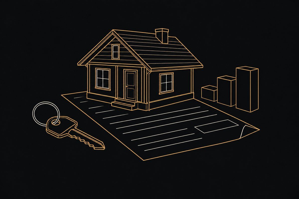 Line illustration of a house sitting on a property tax statement beside a house key and stacked blocks.